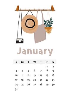 the calendar for january is shown with an image of a hat, purse and potted plant