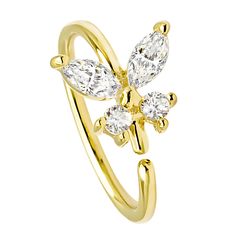 a yellow gold ring with three pear shaped diamonds