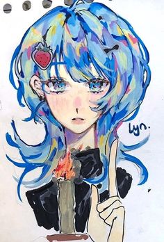 a drawing of a girl with blue hair holding a candle in front of her face