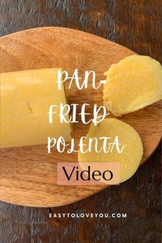 two pieces of cheese on a wooden plate with text overlay that reads pan fried pole potato video