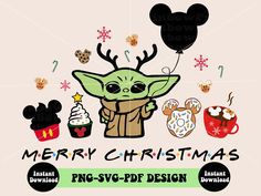 a christmas card with an image of baby yoda and mickey mouse, including cupcakes