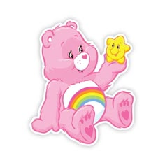 a pink teddy bear holding a rainbow star sticker on it's left hand