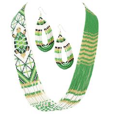 green and white beaded jewelry set