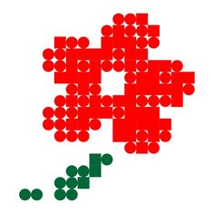 an abstract red and green pattern with circles on the bottom right hand corner, over white background