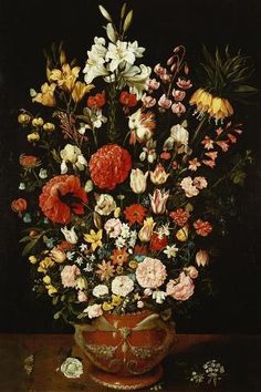 a painting of flowers in a red vase on a table with other items around it