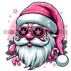 santa claus wearing sunglasses and a pink hat with stars on his head, holding a candy cane