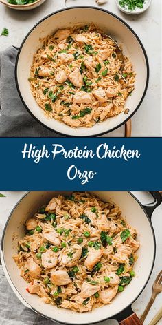 two pictures of chicken and spinach in a skillet with the words high protein chicken oro