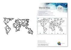 the world map is shown in black and white, with geometric shapes on it's sides