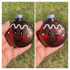 two pictures of a hand holding a brown ornament with a smiling face on it