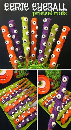 halloween treats made out of pretzels with eyes on them and carrots in the middle