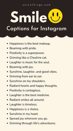 a poster with the words smile captions for instagramm and other things to do