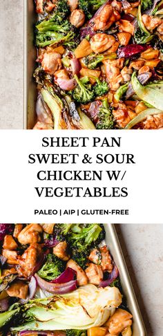 sweet and sour chicken w / veggies in a pan with text overlay