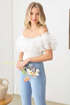 🖤 Flaunt your unique style in this white Ruffle Lace Smocked Off Crop Top! The ruffle and lace details add a touch off whimsy to this smocked neckline top. Perfect for a flirty, playful look. 🖤 Item Feature: off shoulder, lace ruffle, crop, smocked, romantic, chic, girly, trendy, must have. White Smocked Stretch Top For Spring, White Smocked Top With Short Sleeves For Summer, White Stretch Smocked Top For Spring, White Smocked Stretch Top For Day Out, Feminine White Smocked Top For Brunch, White Feminine Smocked Top For Spring, White Smocked Bodice Short Sleeve Top, White Smocked Bodice Top With Short Sleeves, Feminine White Smocked Top For Spring