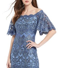 Tadashi Shoji Off-the-Shoulder Sequin Lace Scalloped Hem Gown | Dillard's Short Sleeve Lace Evening Dress For Gala, Elegant Off Shoulder Dress With Short Sleeves For Evening, Elegant Off-shoulder Evening Dress With Short Sleeves, Elegant Off-shoulder Scalloped Lace Dress, Elegant Lace Off-shoulder Dress, Off-shoulder Lace Dress For Formal Occasions, Elegant Off-shoulder Lace Dress With Ruffles, Evening Off Shoulder Dress With Short Sleeves, Evening Off-shoulder Dresses With Lace Sleeves