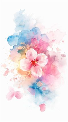 watercolor painting with pink and blue flowers on white background, digital art work photo