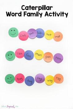 the words caterpillar word family activity are arranged on colorful paper circles with smiley faces