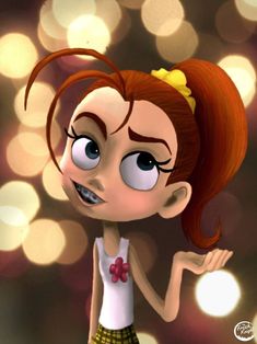 a cartoon girl with red hair and big blue eyes is standing in front of some lights