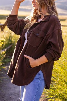 Ashlyn Chocolate Shacket Comfy Cozy, Chocolate Brown, Distressed Jeans, High & Low, High Low, Rain Jacket