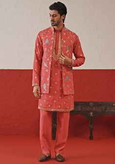 Red Embroidered Kurta Set With Jacket Kalpraag - Fabilicious Fashion Kurta Set With Jacket, Design Kurta, Mens Wear Wedding, Yoke Design, Men's Ethnic Wear, Vacuum Storage, Open Jacket, Indian Wedding Wear, Indian Groom