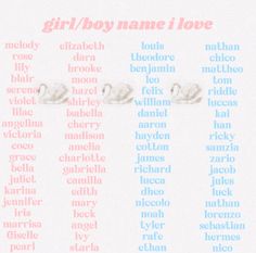 the words girl, boy, name i love are written in pink and blue on a white background