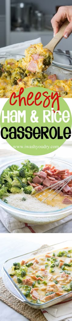 ham and rice casserole with broccoli on the side is being served