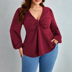 Elevate your autumn and winter wardrobe with our Plus Size Women’s V-Neck T-Shirt in a rich wine red hue. Designed for comfort and style, this flattering top features a classic V-neckline that enhances your neckline while providing a youthful and elegant silhouette. Perfect for layering or wearing on its own, this versatile tee is made from soft, breathable fabric that ensures all-day comfort. Whether you pair it with jeans for a casual outing or dress it up with a skirt, this top is a must-have addition to your collection. Embrace your style and showcase your confidence with this chic and sophisticated piece! Top For Plus Size Women, Wine Red Top, Lady Like, Trendy Plus Size Fashion, Lantern Sleeved Blouses, Flattering Tops, Tie Dye Long Sleeve, Basic Long Sleeve, Plus Size Womens Clothing