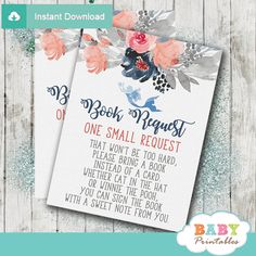 two baby shower request cards with flowers on the front and back, one is blue