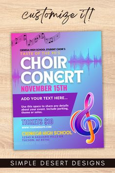 an event flyer for choir concert with music notes on the front and back cover,