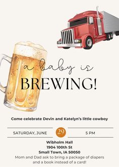 a baby is brewing flyer with a beer and a truck on the back of it