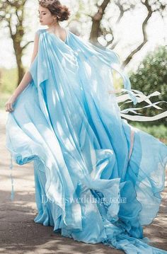 Serenity Bohemian Sky Blue Chiffon Wedding Or Prom Non Traditional Coloured Bridal Gown Dress - Dorris Wedding Dress With A Cape, Blue Wedding Dress, A Line Evening Dress, Chiffon Wedding Dress, Blue Wedding Dresses, Chiffon Fashion, Island Paradise, Prom Gowns, Bohemian Dress