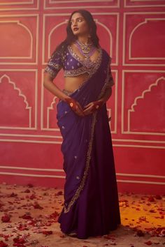 Purple silk chanderi attached pallu lehenga saree with marodi embroidered floral motifs, embellished with sequins. Comes with matching blouse. - Aza Fashions Marodi Work, Chanderi Lehenga, Confident Fashion, Purple Lehenga, Purple Saree, Pink City, Vacuum Storage, Drape Saree, Blouse Silk