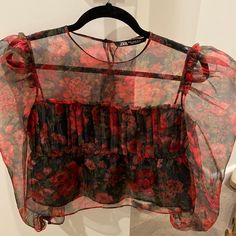 Sheer Chiffon Beautiful Red And Black Floral Top Floral Print Chiffon Top For Parties, Chiffon Floral Print Party Blouse, Floral Print Chiffon Party Blouse, Floral Print Chiffon Blouse For Party, Red Sheer Top For Spring, Red Sheer Tops For Spring, Sheer Red Top For Spring, Chic Red Chiffon Top, Chic Red Chiffon Blouse