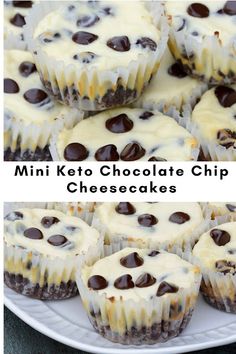 mini keto chocolate chip cheesecakes on a white plate with the title above it