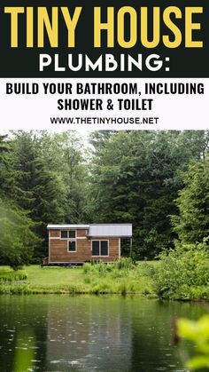 the tiny house is in the middle of a pond and surrounded by trees with text overlay