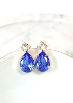 Blue Crystal Earrings Royal Blue Earrings Bridal Blue Stud | Etsy Blue Gold Earrings, Royal Blue Earrings, Bridesmaids Earrings, Blue Stud Earrings, Teal Earrings, Blue Crystal Earrings, Yellow Earrings, Silver Jewelry Fashion, Crystal Stud Earrings