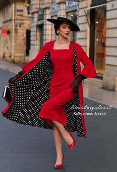 The Kelly Polkadot Coat - Vintage coat with Peplum Sleeves | HeartMyCloset – heartmycloset Dresses With Coats, Roaring Twenties Fashion, Coat And Dress, Mad Men Dresses, 1930's Dresses, Shape Dress, 1960s Dresses, Dresses 1950s, Famous Dress