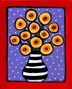 an acrylic painting of yellow flowers in a black and white vase on a purple background