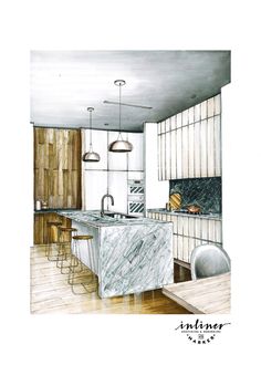 a drawing of a kitchen with marble counter tops