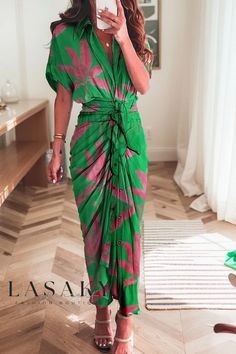 Lasaky - Printed Maxi Dress with Short Sleeves and High Waist Design Elegant Shirt Dress, Tie Up Shirt, Mode Prints, Summer Prints Fashion, Buttoned Dress, Short Maxi Dress, Shirt Dress Summer, Long Beach Dress, Collared Shirt Dress