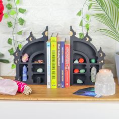 there is a shelf with some books on it and two vases next to it