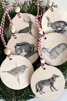 four wooden ornaments with animals on them hanging from a christmas tree ornament set