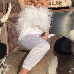 Worn Once! Super Cute. White Silk Pants That Cuff At Bottom And Feather Top. Strapless Both Size Small. Pants With Feather Trim, Feather Trimmed Pants, White Feather Tube Top, White Silk Pants, Men’s White Fur Trim Pants, Feather Top, Top Strapless, Feather Tops, Gianni Bini