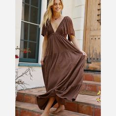 V-neck Midi Dress For Vacation, Bohemian V-neck Maxi Dress For Day Out, Summer V-neck Dress For Beach Season, Brown V-neck Summer Maxi Dress, Flowy V-neck Summer Dress For Beach, Chic V-neck Boho Dress For Beach Season, Brown V-neck Dress For Beach Season, V-neck Maxi Dress For Beach Season, V-neck Maxi Dress For Day Out On Vacation