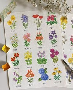 the flowers are drawn on paper with watercolor pencils next to it and some scissors