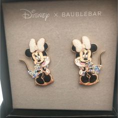 pair of mickey mouse earrings in box with black and white background, disney x baublebar