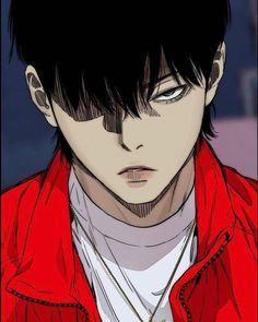 an anime character with black hair wearing a red jacket and white shirt, staring at the camera