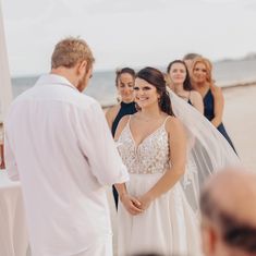 the bride and groom are getting married on the beach