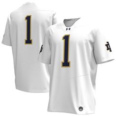 Nothing says football season like this slick, Notre Dame Fighting Irish gear, and this Premier Football Jersey from Under Armour will be the new go-to item in your closet. It features official team graphics that will help you confidently support your school. This jersey is also built with HeatGear technology so that you can comfortably root for your Notre Dame Fighting Irish from kickoff until the last second ticks off the clock. Collegiate Football Season Jersey, Collegiate Jersey With Letter Print For Football Season, White Fan Apparel Jersey For College, White College Fan Apparel Jersey, White Varsity Jersey For Game Day, Collegiate Crew Neck Jersey For Fan Gear, Collegiate Crew Neck Jersey For Fans, Collegiate Game Day Jersey With Team Logo, White Varsity Jersey For Football Season