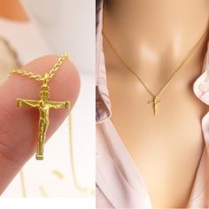 "17\" as shown on the picture pendant size:10mm x 15mm metal: gold plated, silver plated lobster clasp available: gold, silver Shop other cross necklaces here *cross necklace: https://www.etsy.com/listing/534912330/sterling-silver-cross-pendant-necklace?ga_search_query=cross&ref=shop_items_search_7 *pave cross pendant necklace: https://www.etsy.com/listing/414849917/cross-pendant-necklacedainty?ga_search_query=cross&ref=shop_items_search_8 View more jewelry HERE: https://www.etsy.com/sho Minimalist Crucifix Necklace As A Gift, Minimalist Crucifix Necklace For Gift, Dainty Crucifix Necklace For Gift, Dainty Crucifix Necklace As A Gift, Delicate Crucifix Chain Necklace As Gift, Adjustable Crucifix Necklace For Gift, Gift Crucifix Necklace With Clavicle Chain, Crucifix Necklace With Adjustable Chain For Gift, Layered Cross Necklace