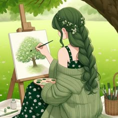 a woman sitting in front of an easel painting a tree